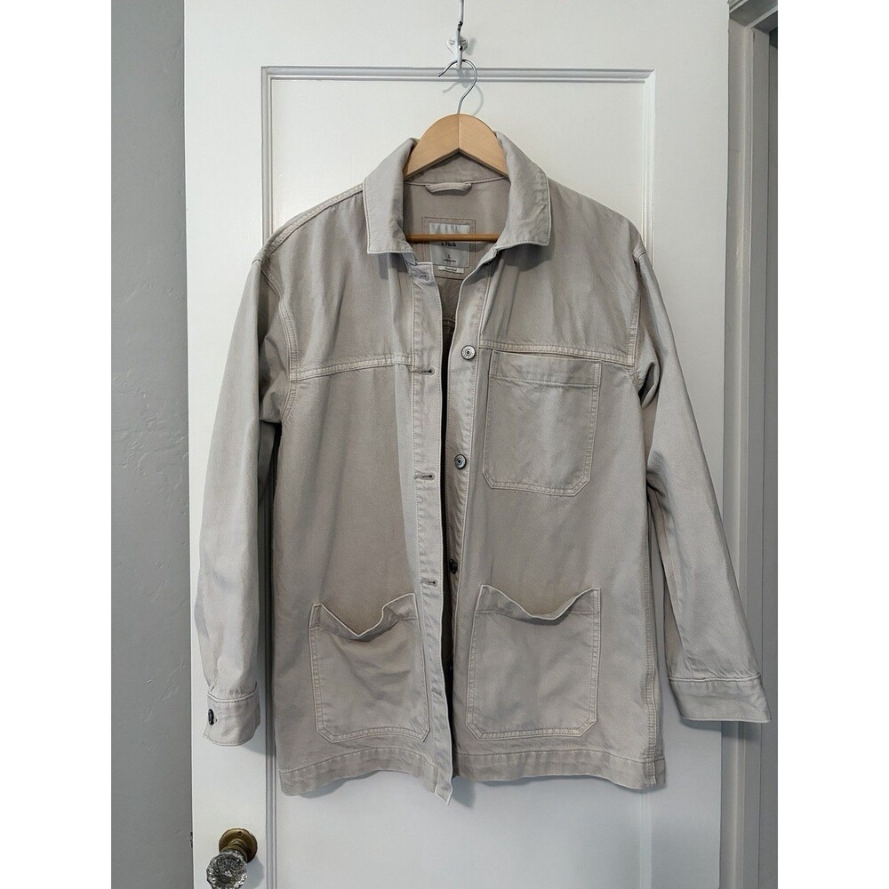 Abercrombie Women L Oversized Chore Jacket Beige Utility Workwear Cotton Lyocell